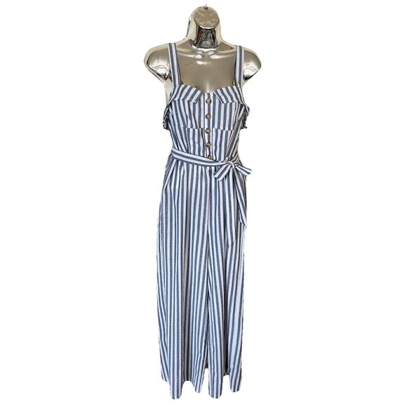 BLUSH J Striped Jumpsuit Blue White Chambray Sleeveless Belted Crop Medium EUC - Picture 9 of 10